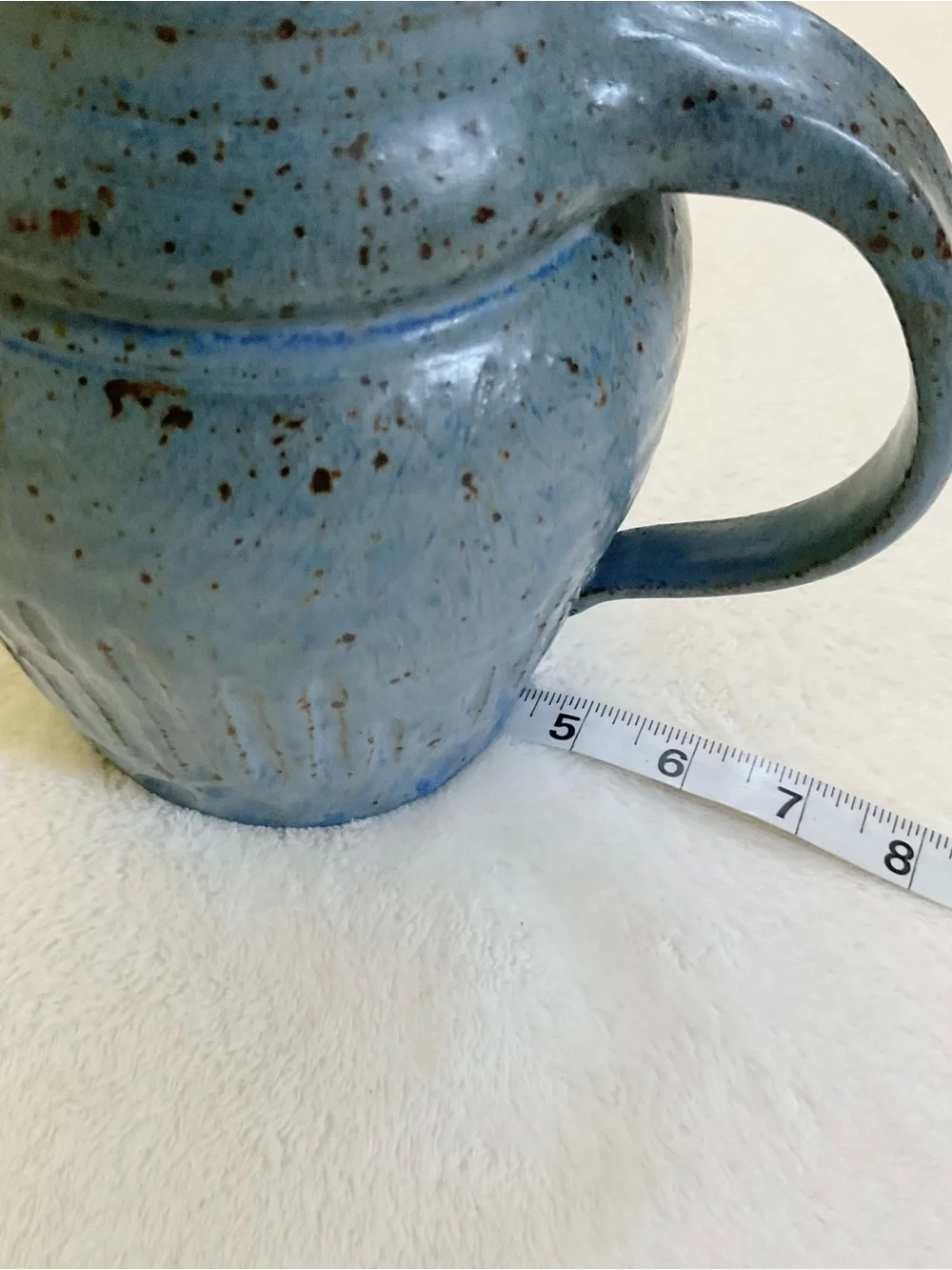 Signed Studio Art Pottery Pitcher Vase Blue Speckled Stoneware 8.25”